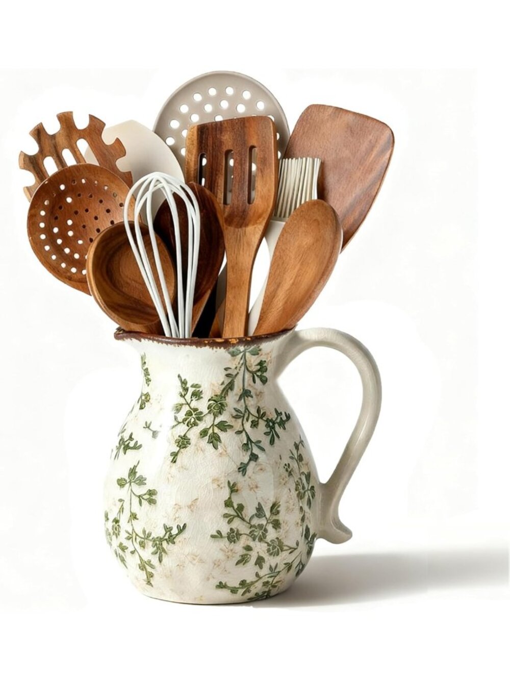 Vintage Farmhouse Ceramic Utensil Holder, Rustic Kitchen Counter Organizer, 6.1